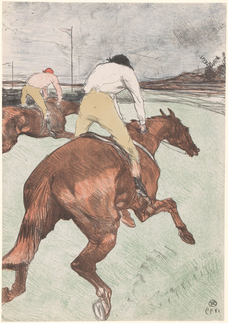 "Le Jockey" Kaksi ratsastajaa hevosen selässä Le jockey (alkuperäinen nimi) Hevoskilpailut (sarjan nimi) Kurssit (sarjan nimi) tekijältä Henri de Toulouse Lautrec