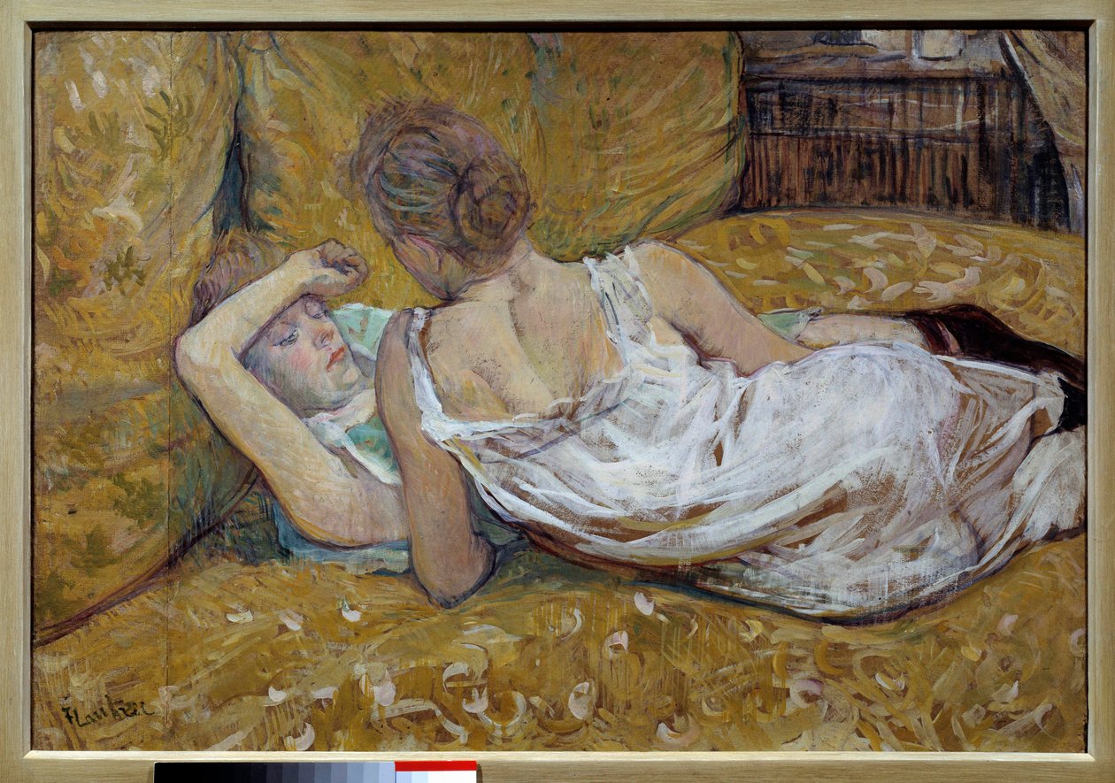 Les deux friendies Nuoret naiset makaamassa sängyllä - Henri de Toulouse Lautrecin (1864-1901) maalaus 1895 Collection privee - Kaksi ystävää - Henri de Toulouse Lautrecin (1864-1901) maalaus tekijältä Henri de Toulouse Lautrec
