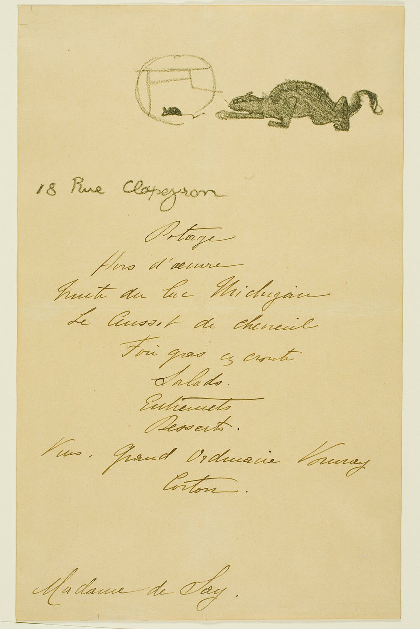 Ruokalista May Belfortin antamaa illallista varten tekijältä Henri de Toulouse Lautrec