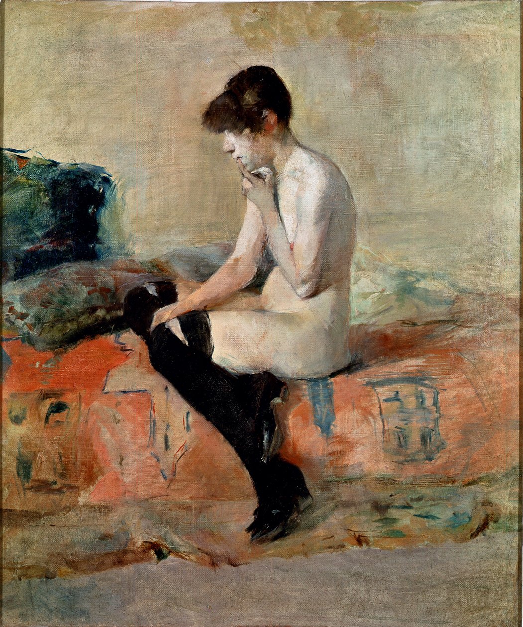 Alaston tutkimus. Alaston nainen istuu sohvalla. Henri de Toulouse-Lautrecin maalaus (Toulouse Lautrec tekijältä Henri de Toulouse Lautrec
