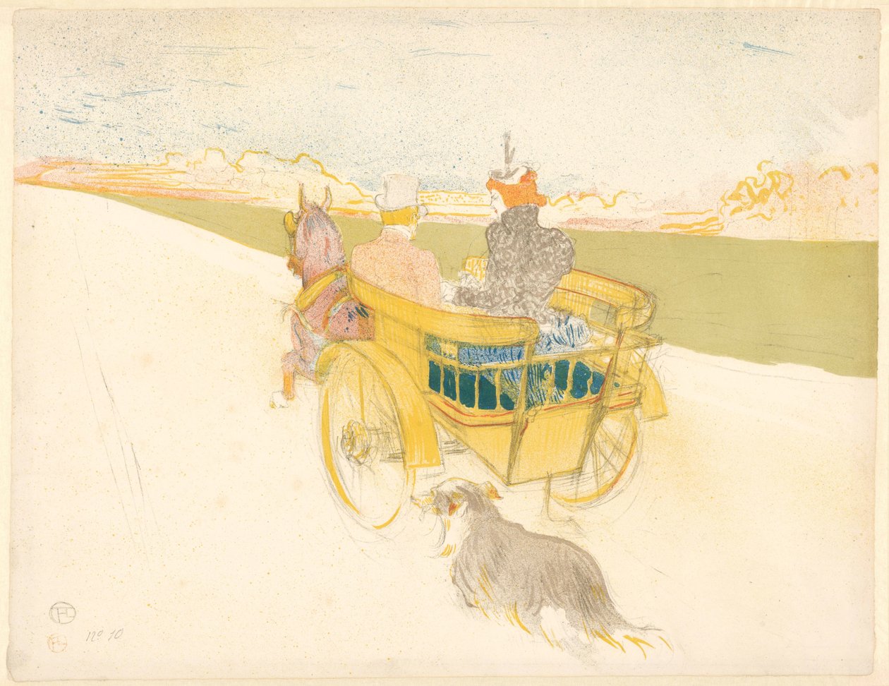 "Partie de Campaign" (maaretki) Mies ja nainen avokärryssä koiran kanssa maiseman halki Kampanjan osapuoli (otsikko esineessä) tekijältä Henri de Toulouse Lautrec