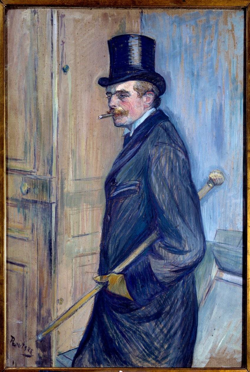 Louis Pascalin (1864-1901) muotokuva Taiteilijan serkku on kuvattu silinterihattussa kepin kanssa ja tupakkaa. Henri de Toulouse Lautrecin (1864-1901) maalaus 1891 Su. 0,81x0,54 m Albi. Musee Toulouse Lautrec - Taiteen Louis Pascalin (1864-1901) muotokuva tekijältä Henri de Toulouse Lautrec