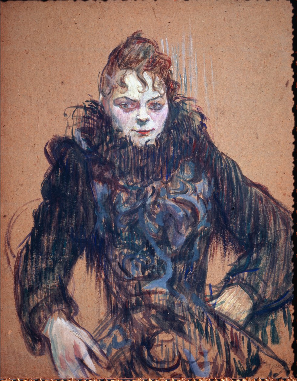 Naisen muotokuva mustassa boassa - öljy pahville tekijältä Henri de Toulouse Lautrec