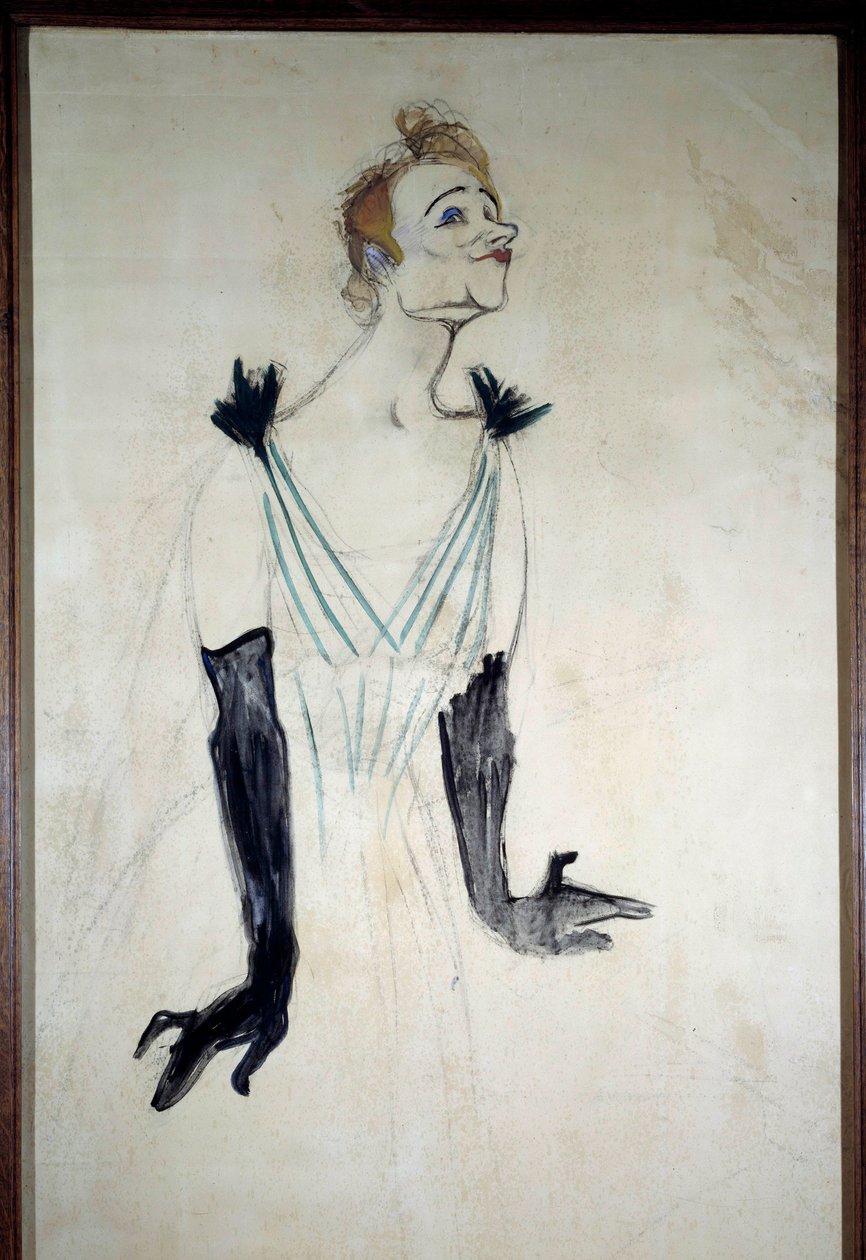 Laulaja Yvette Guilbertin muotokuva (1867-1944) Hiilipiirros Henri de Toulouse Lautrecin (1864-1901) olemuksella 1894. Koko 1,86 x 0,93 m Albi, museo Toulouse Lautrec tekijältä Henri de Toulouse Lautrec