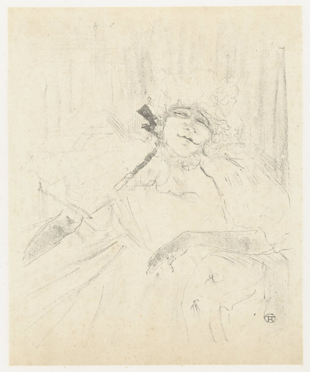 Portret van Yvette Guilbert nojatuolissa op toneel Yvette Guilbert (vanha kappale) Yvette Guilbert: Englantilainen sarja (sarjan nimi) tekijältä Henri de Toulouse Lautrec