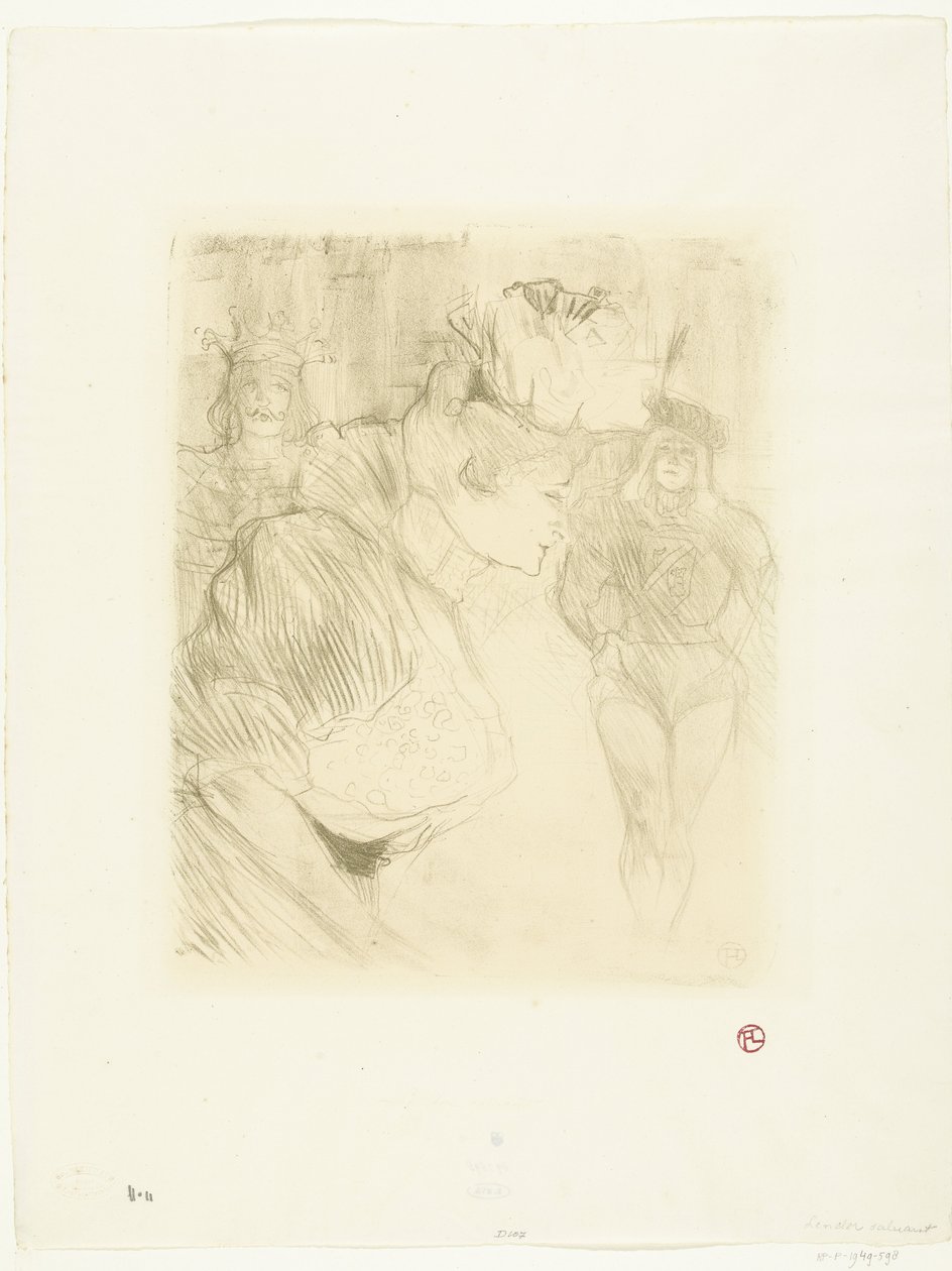 Näyttelijä Marcelle Lenderin muotokuva kumartaen katsojaa kohti Lainanantajan tervehdys tekijältä Henri de Toulouse Lautrec