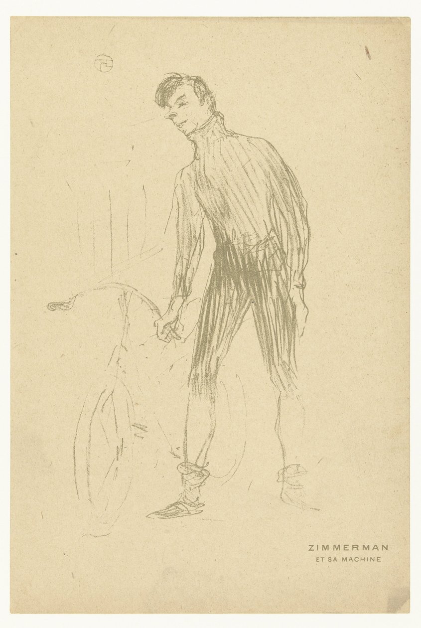 Pyöräilijä Albert Zimmerman ja hänen polkupyöränsä muotokuva Zimmerman et sa machine (otsikko esineessä) tekijältä Henri de Toulouse Lautrec