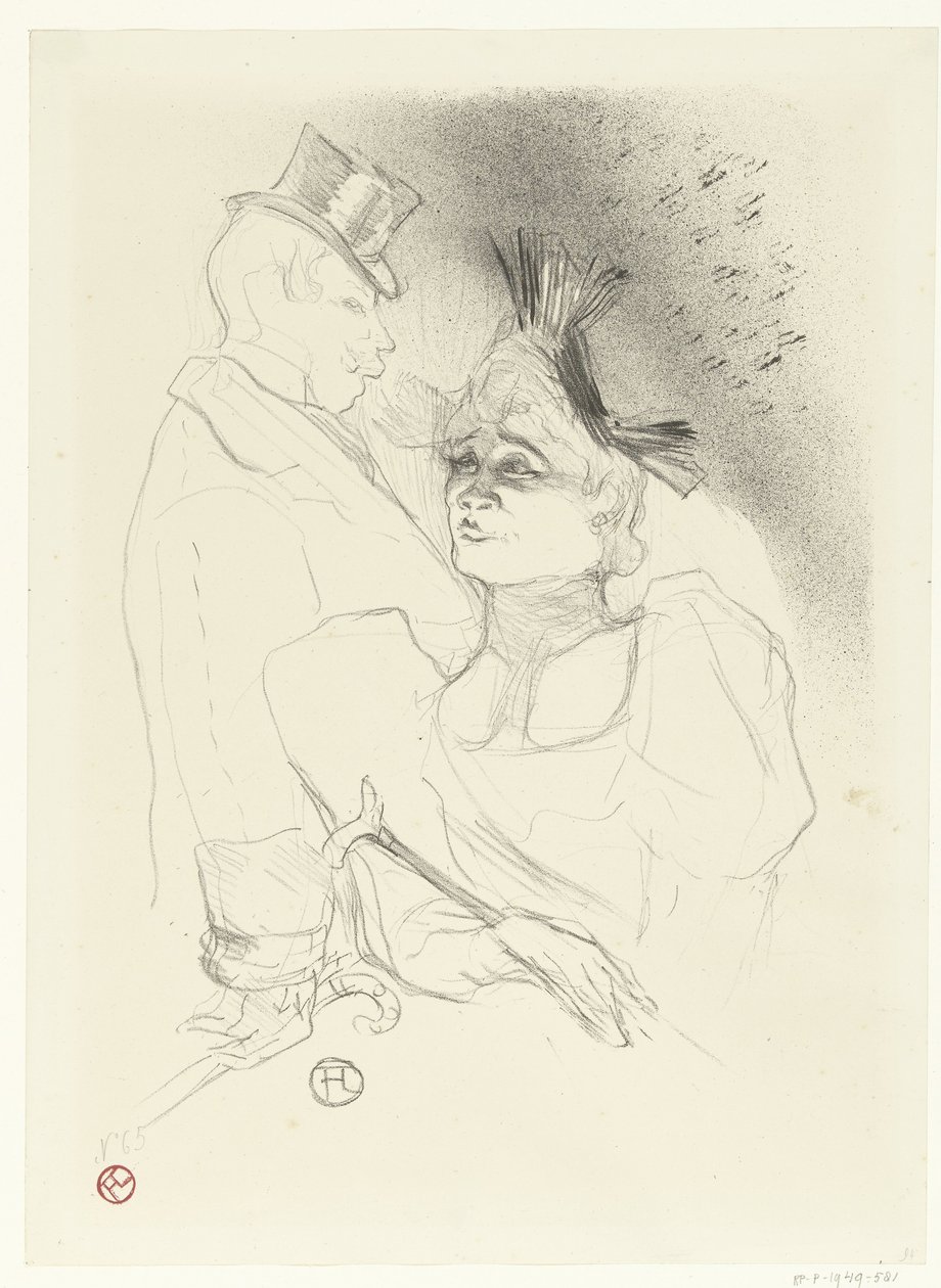 Muotokuva laulaja Marcelle Lenderistä ja koomikko Louis Bouchenezistä eli Baronista esityksen aikana Mademoiselle Lender et Baron tekijältä Henri de Toulouse Lautrec