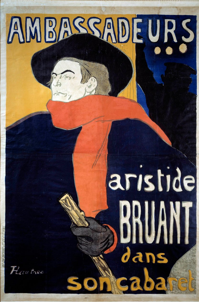 Ranskalaisen lauluntekijän Aristide Bruantin (1851-1925) juliste spektaakkelille. "" Suurlähettiläät - Aristide Sparrow kabareessaan "". Henri de Toulouse-Lautrecin litografia (1864-1901). 1892. Mitat 1,41 x 0,98 m Bryssel, musee d