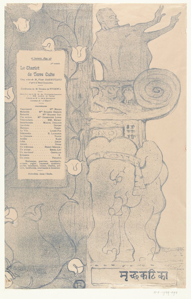 Ohjelma näytelmään Le chariot de terre cuite, jossa näyttelijä Felix Fénéon seisoo parvekkeella intialaisen norsun yläpuolella Ohjelma le chariot de terre cuite tekijältä Henri de Toulouse Lautrec