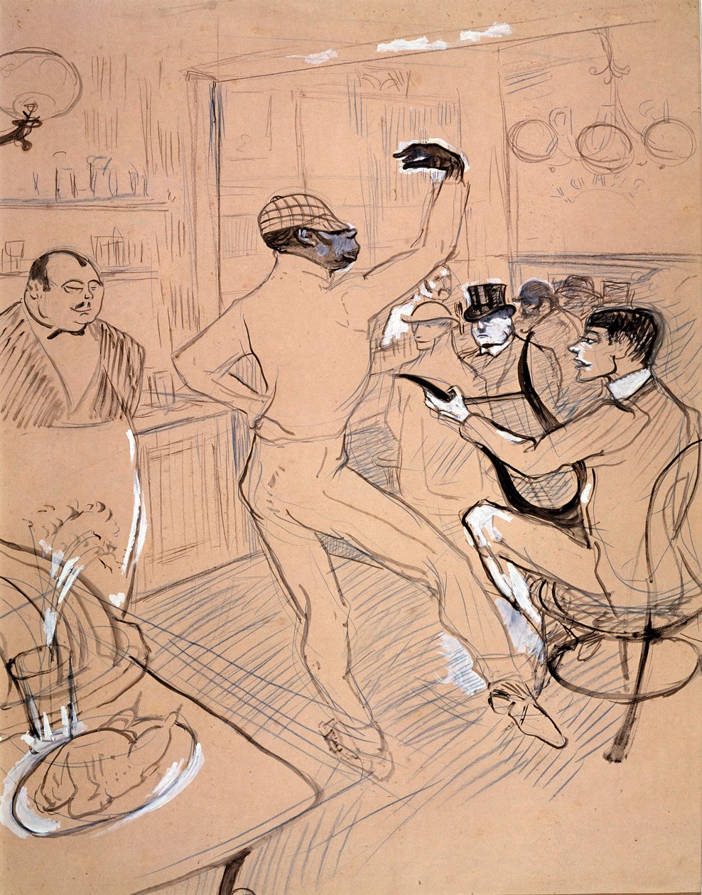 Rafael Padilla nimeltä Chocolate, tanssii baarissa (intialainen muste ja guassi paperilla tekijältä Henri de Toulouse Lautrec