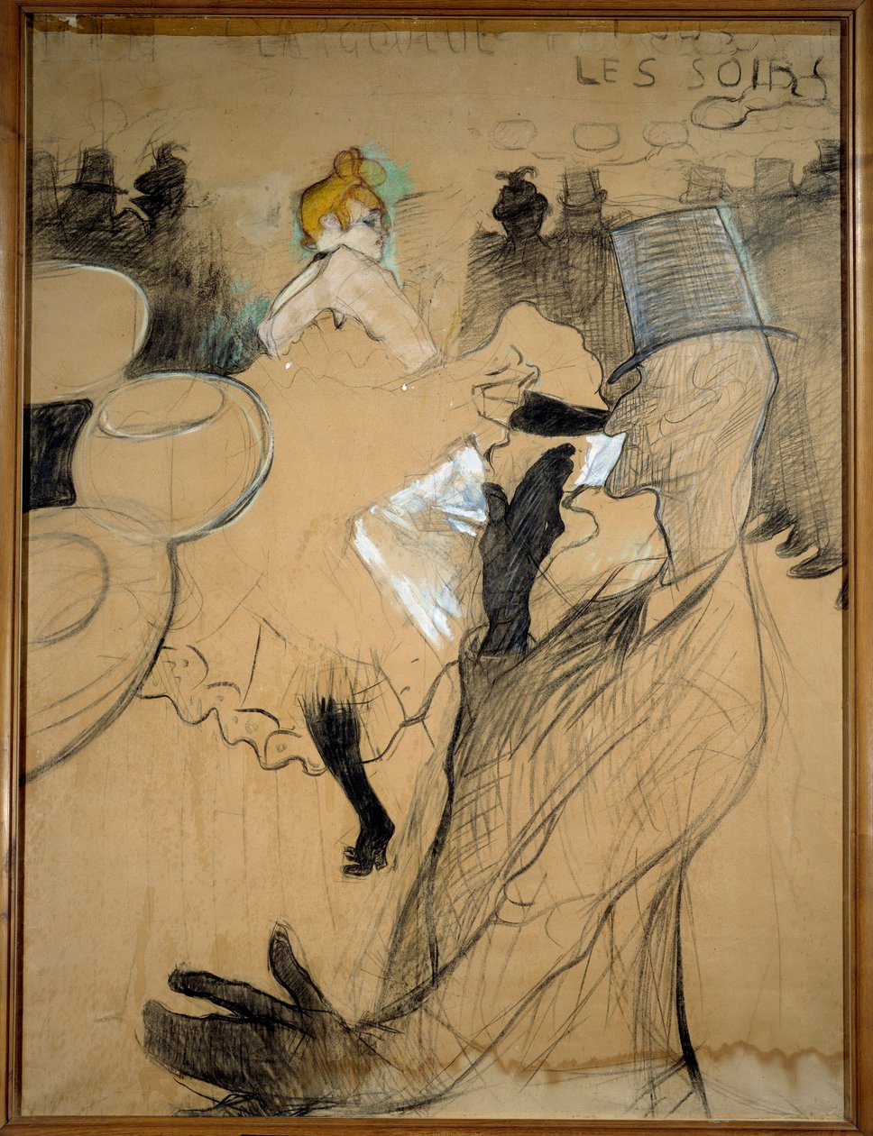 Punainen mylly, Goulue ja Valentin le Desosse. Luonnos, puuhiili värillisillä kohokohdilla. Piirustus: Henri De Toulouse Lautrec (1864-1901) tekijältä Henri de Toulouse Lautrec