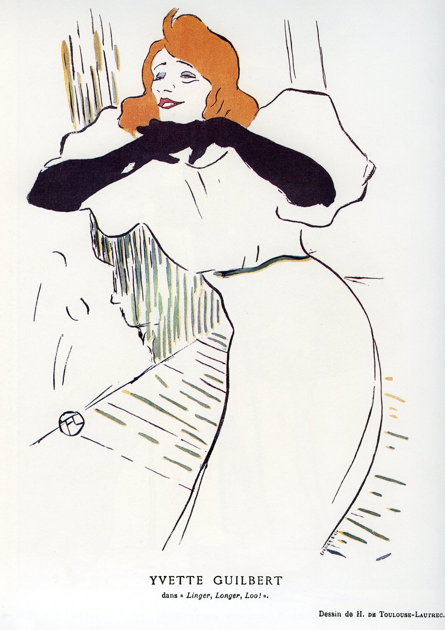 Laulaja Yvette Guilbert (1867-1944) elokuvassa "" Linger, Longer, Loo "": piirustus Henri de Toulouse Lautrec (Toulouse-Lautrec tekijältä Henri de Toulouse Lautrec