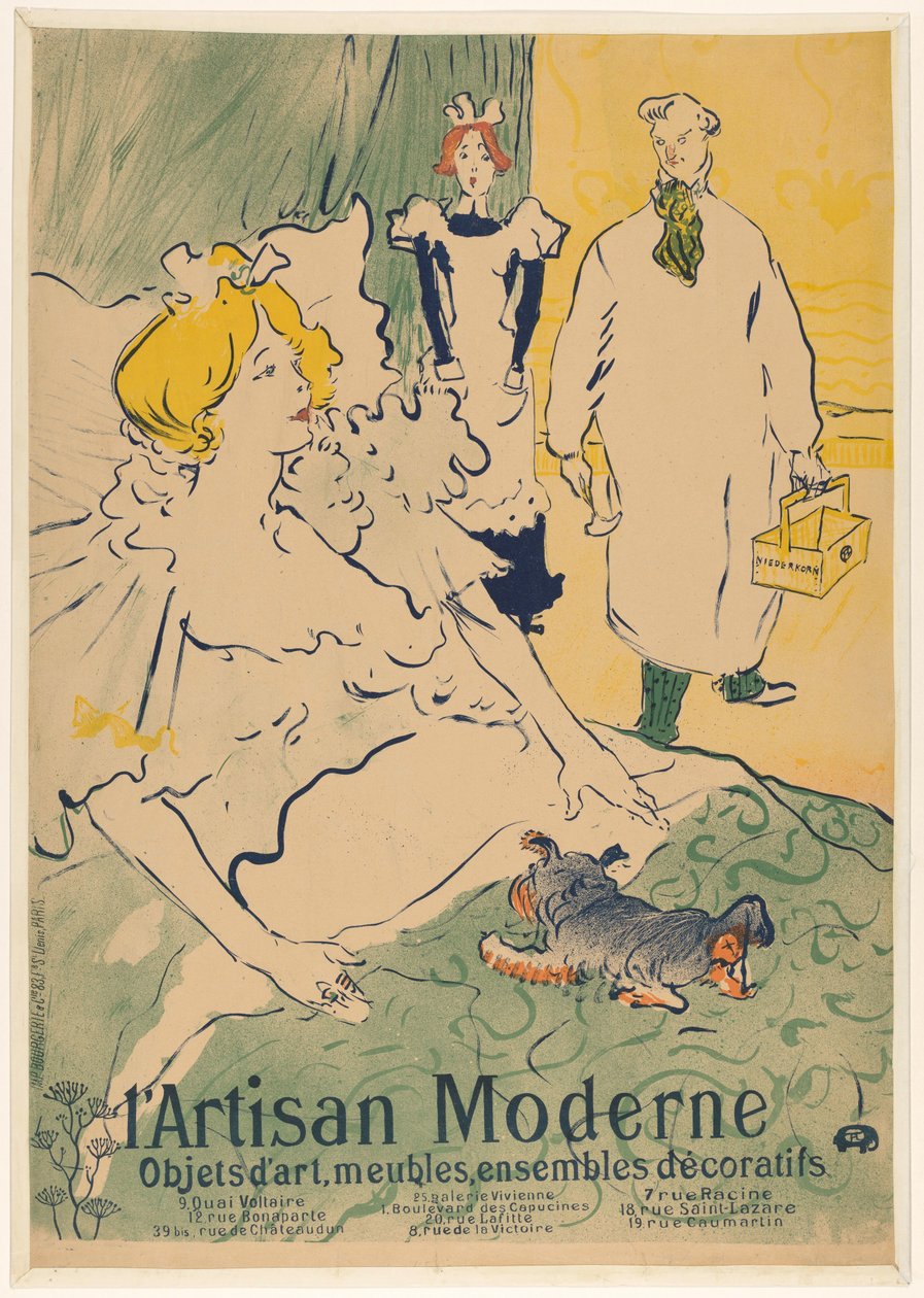 Lääkäri vierailee sängyssä olevan naisen luona Moderni käsityö. Taide-esineitä, huonekaluja, sisustuskokonaisuuksia (otsikko esineessä) tekijältä Henri de Toulouse Lautrec