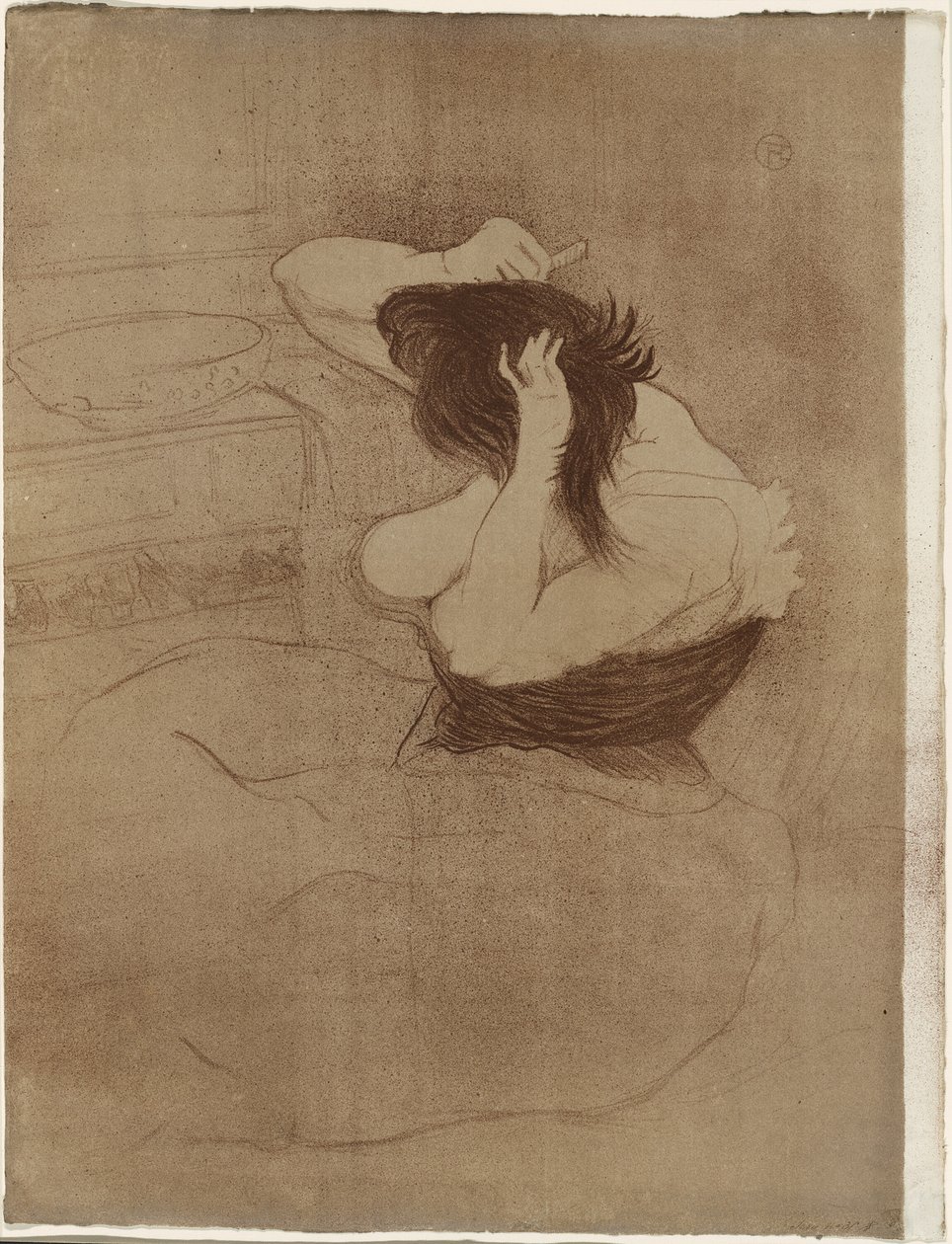Nainen kampaava hiuksia – La Coiffure, levy seitsemän Ellesiltä tekijältä Henri de Toulouse Lautrec