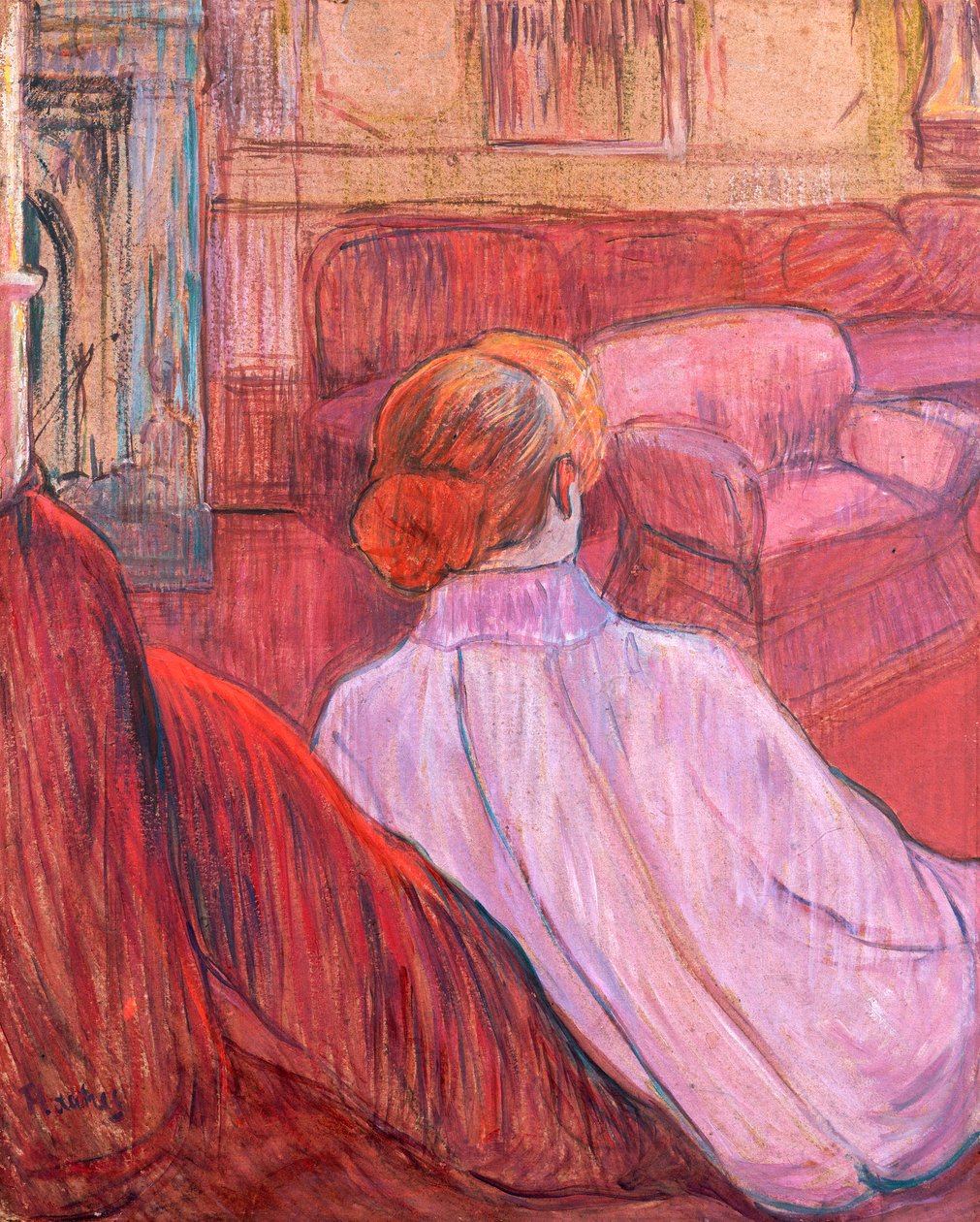 Nainen istuu punaisella sohvalla tekijältä Henri de Toulouse-Lautrec