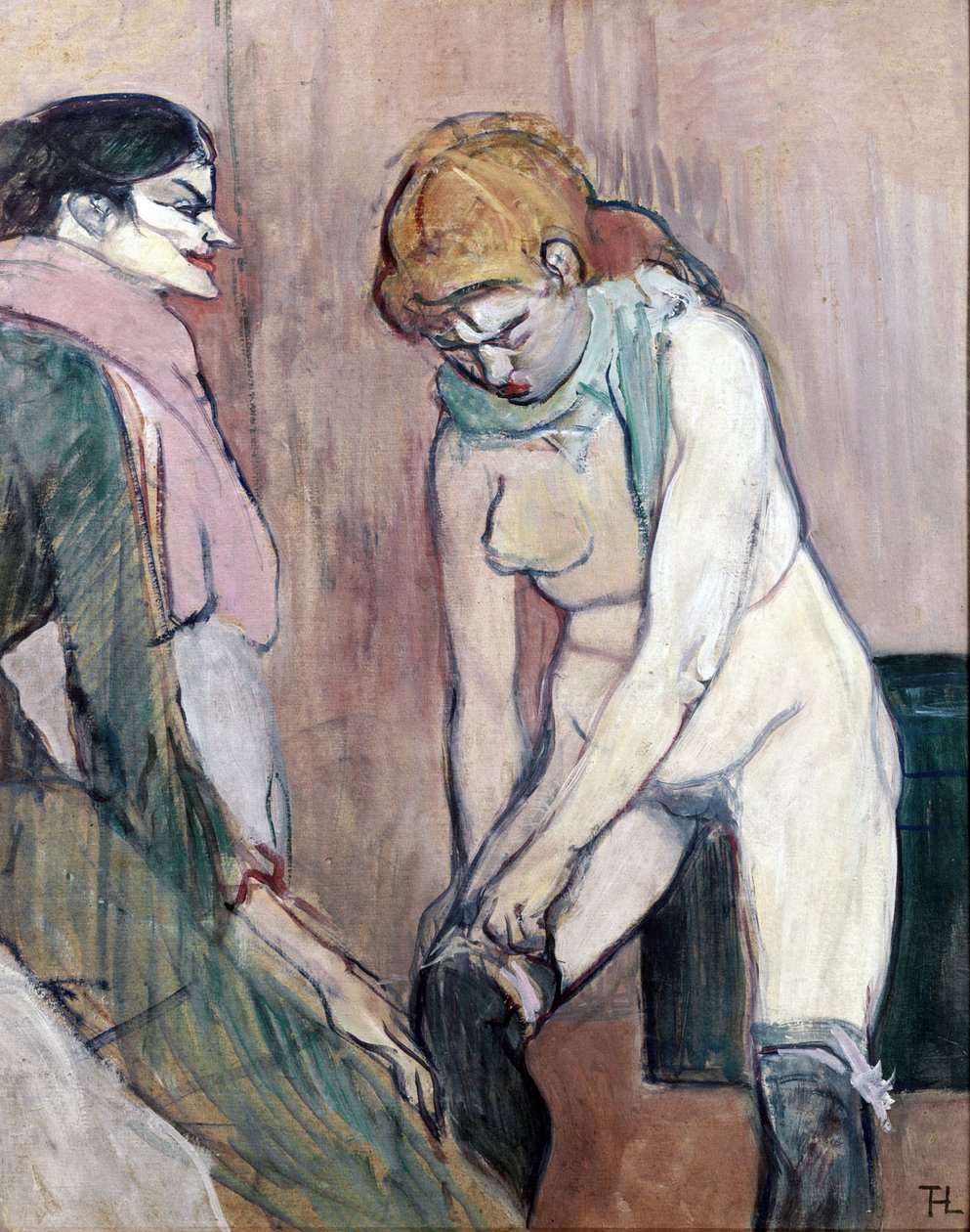 Nainen vetää sukkiaan tai talon nainen (maalaus pahville tekijältä Henri de Toulouse Lautrec