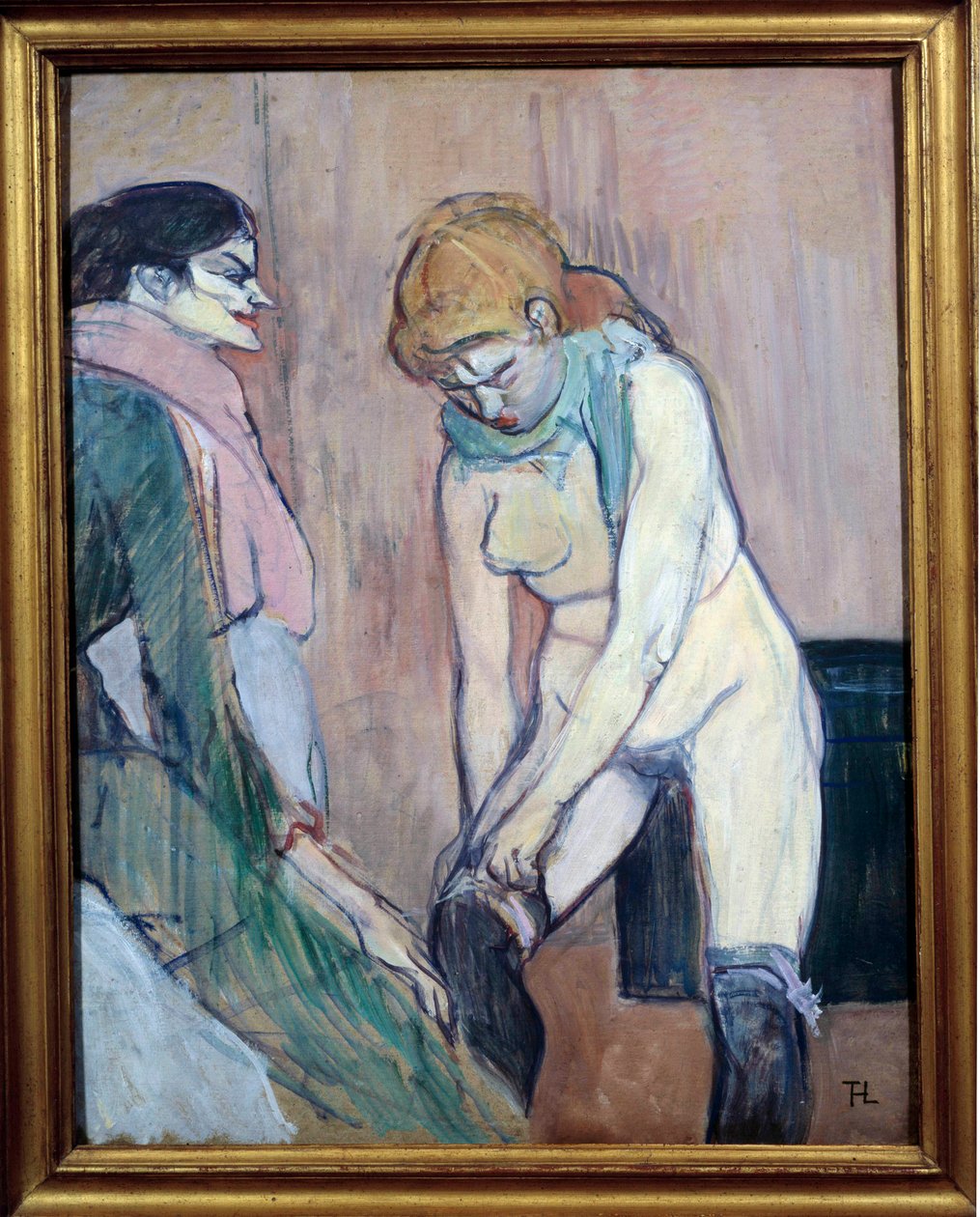 Nainen vetää sukkahousujaan tai ""Talon nainen"" Henri de Toulouse Lautrecin (1864-1901) maalaus kartongille 1894 Su. 0,58x0,46 m. Pariisi, Musee d