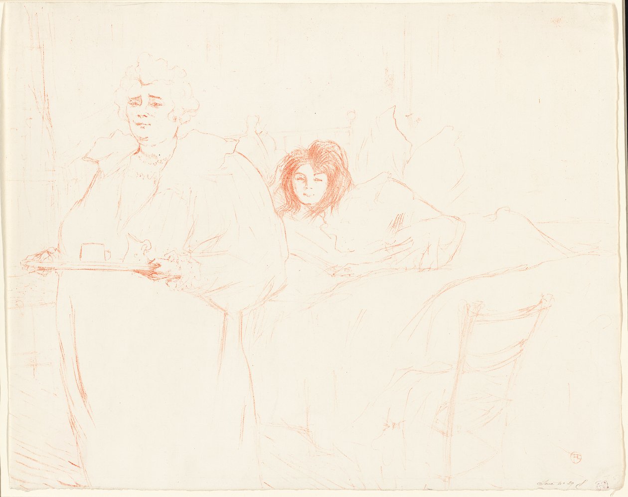 Nainen tarjottimella – aamiainen (Madame Baron ja Mademoiselle Popo), lautanen kaksi Ellesiltä tekijältä Henri de Toulouse Lautrec