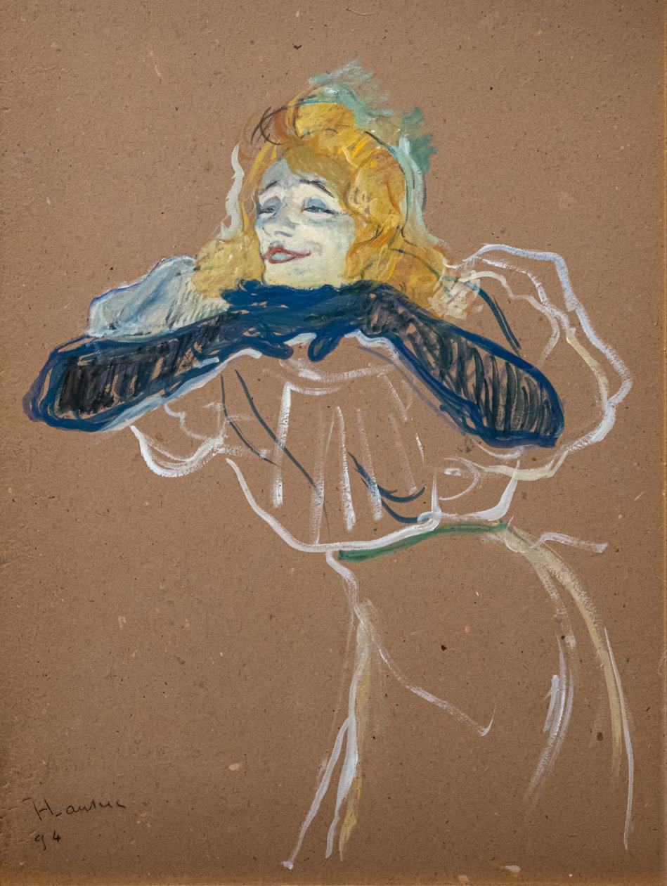 Yvette Guilbert laulaa "Linger, Longer, Loo" 1894 (Öljy pahville) tekijältä Henri de Toulouse Lautrec