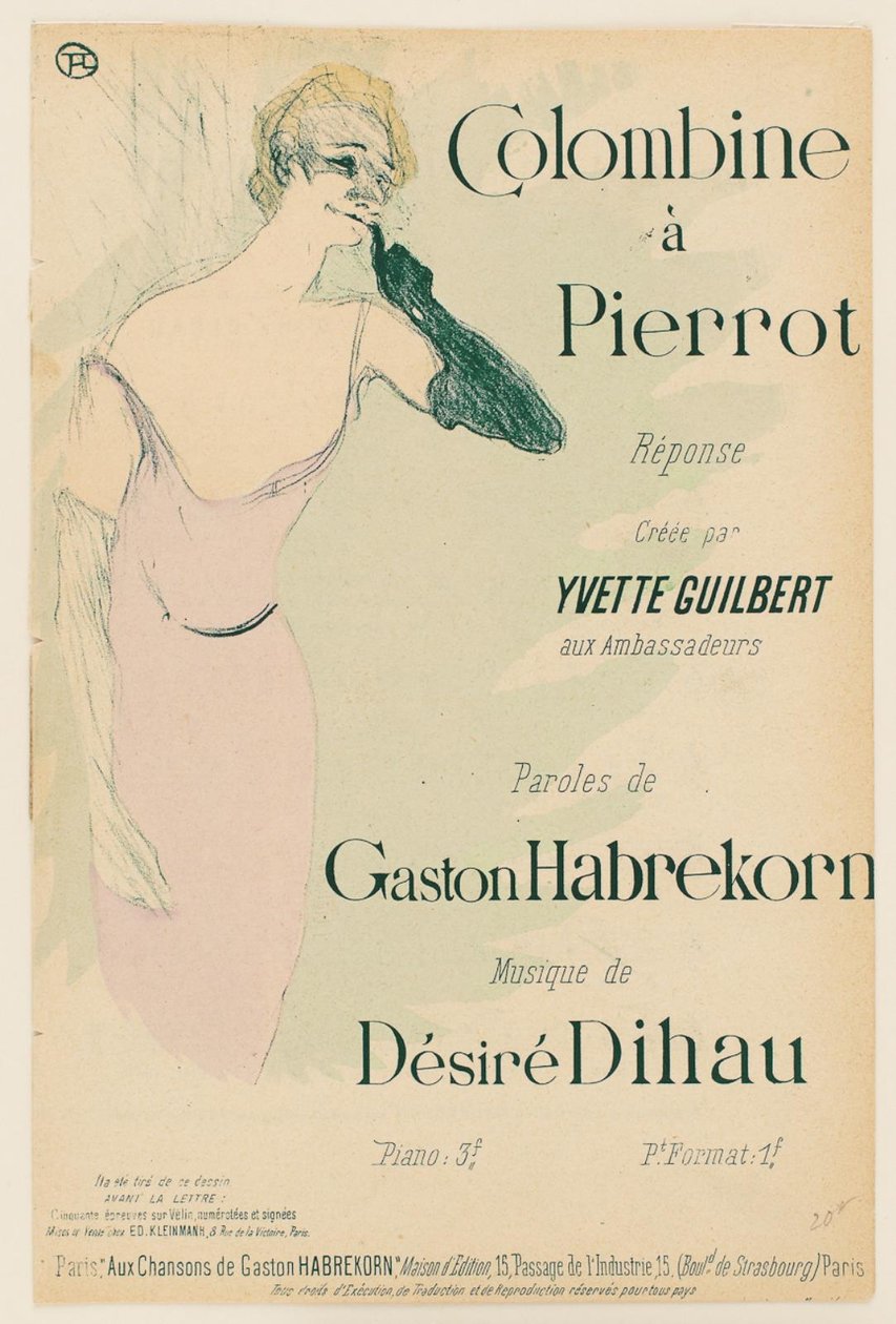 Yvette Guilbert Colombinessa Pierrotissa tekijältä Henri de Toulouse Lautrec