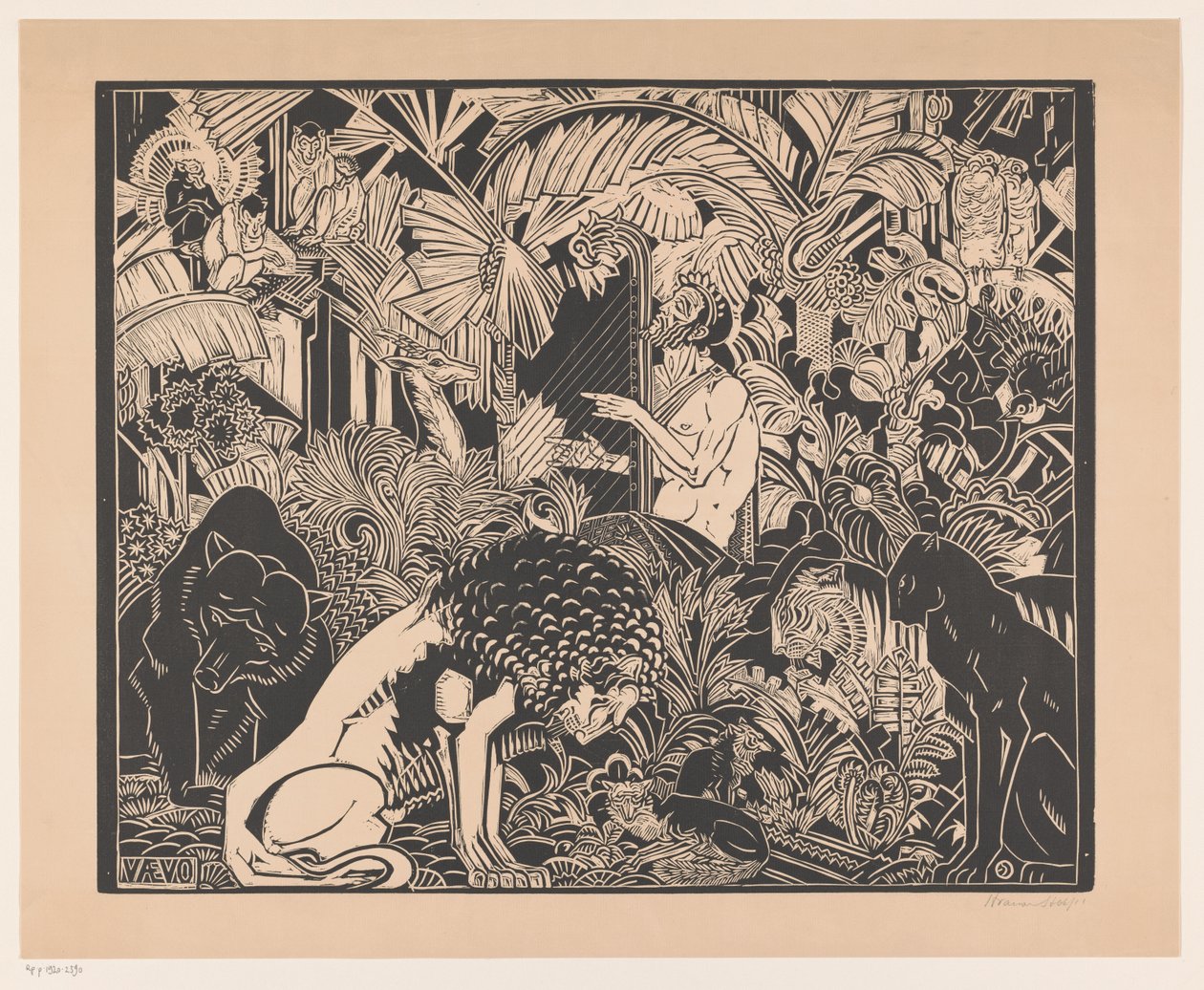 Orpheus soittaa harppuaan eläimille tekijältä Henri van der Stok (signed by artist)
