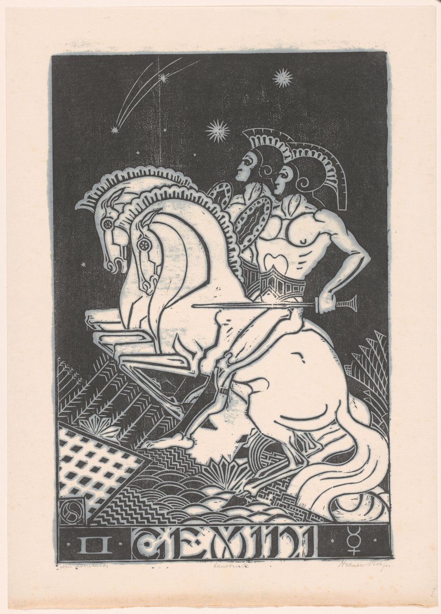 Horoskooppi Gemini Kaksoset (otsikko esineessä) tekijältä Henri van der Stok (signed by artist)