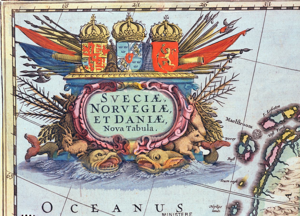 Kartussi Ruotsin, Norjan ja Tanskan kartalta, 1631 (värikaiverrus) tekijältä Henricus Hondius II