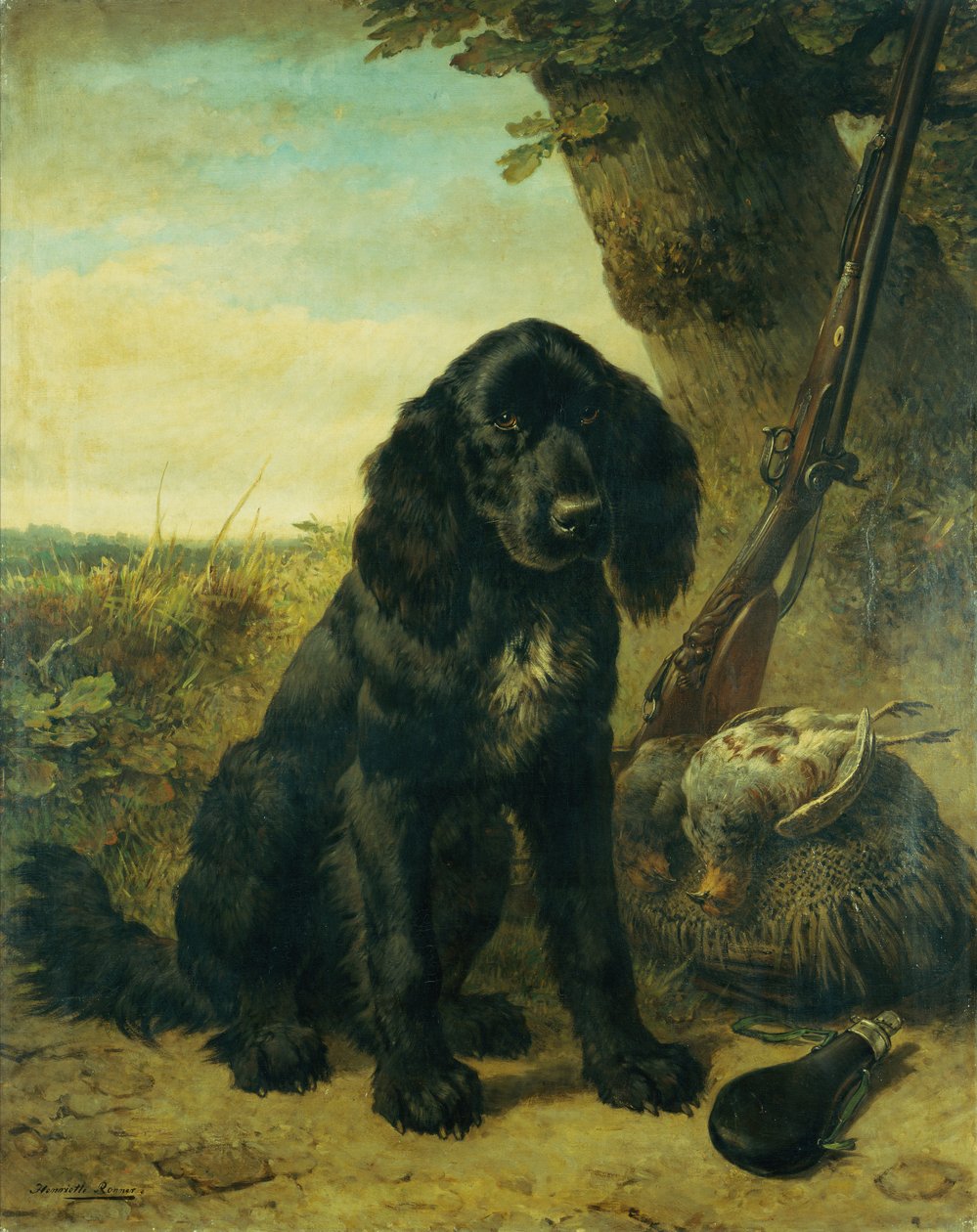 Tasakarvainen noutaja puun vieressä (öljy kankaalle) tekijältä Henriëtte Ronner Knip