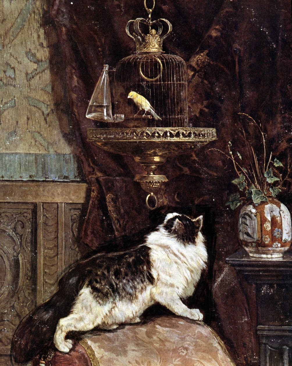 Kissa vakoilee lintua häkissä - Henriette Ronner tekijältä Henriëtte Ronner Knip