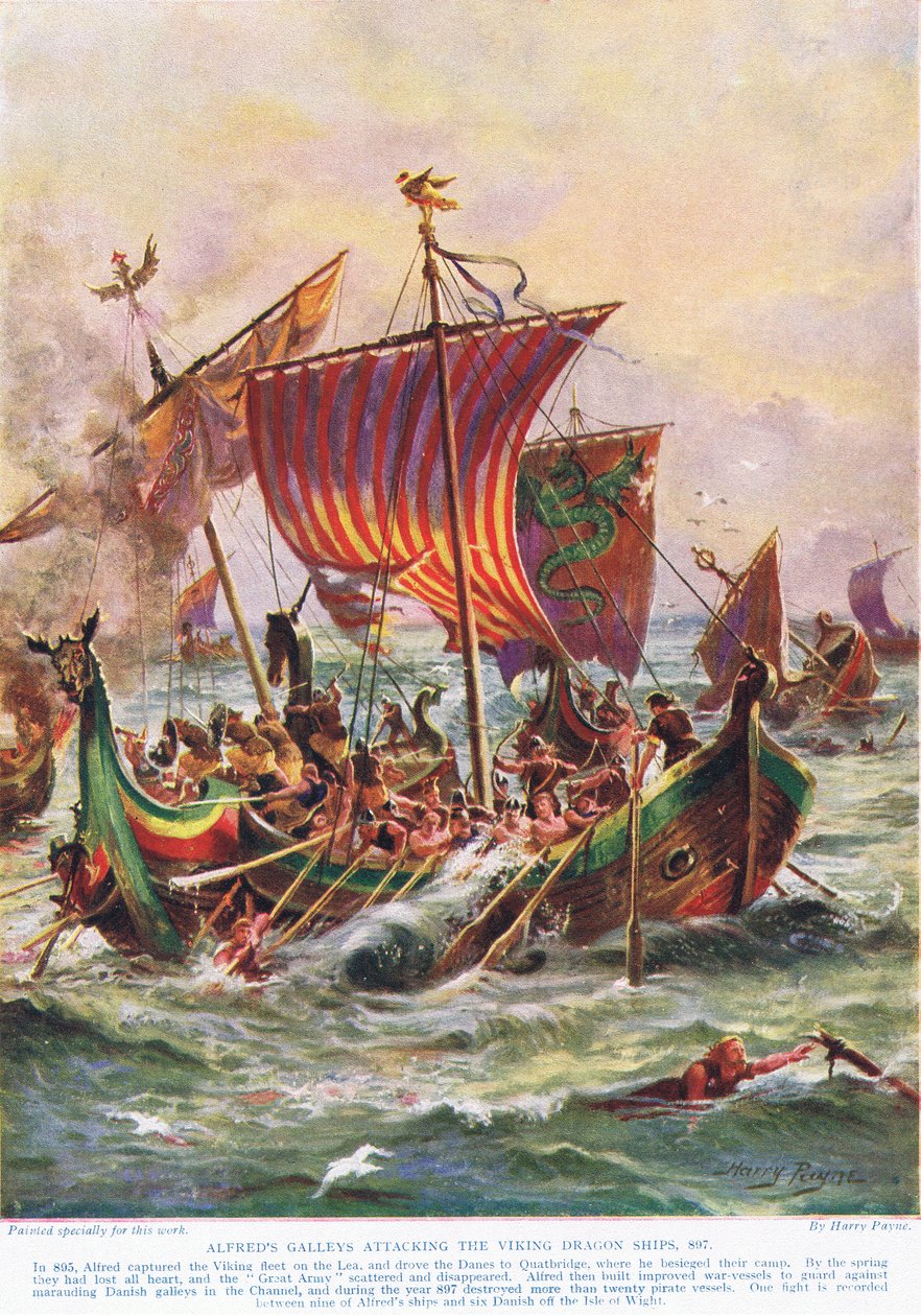 Alfredin keittiöt hyökkäämässä Viking Dragon -aluksia vastaan, 897 jKr, kuvitus teoksesta "Hutchison