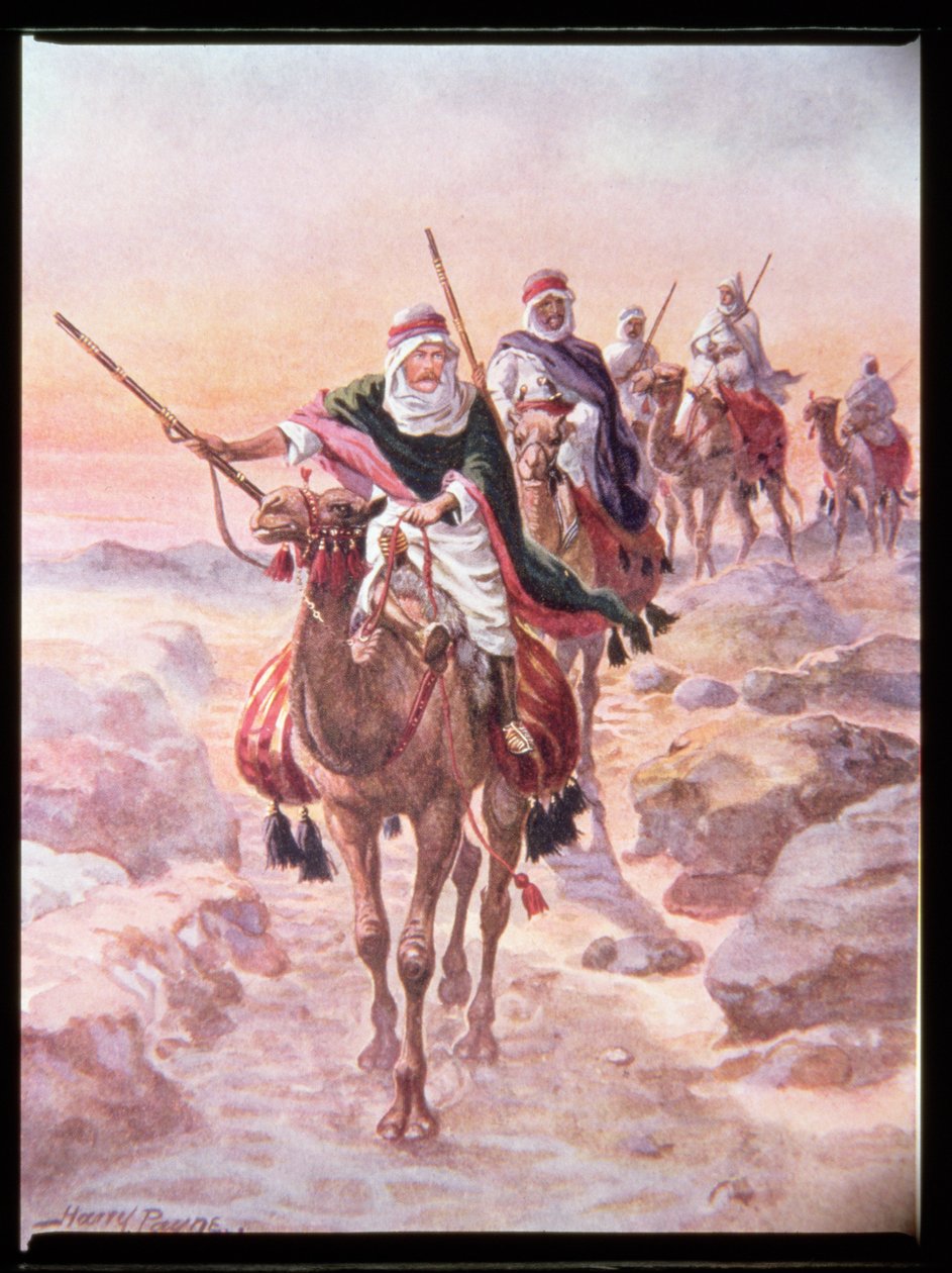 "Lord Kitchener, naamioitunut arabiksi, ratsastaa aavikon yli Dongolaan", kuva C. Sheridan Jonesin teoksesta "Brave Deeds by Brave Men", pub. 1922 tekijältä Henry A. Payne