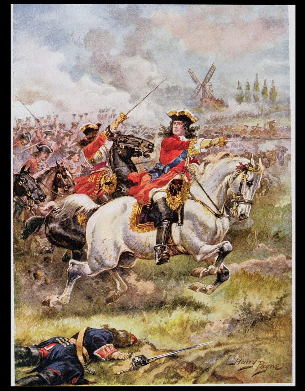 Marlborough Leading the Attack, kuvitus teoksesta "Glorious Battles of English History", majuri C.H. Wylly, 1920-luku tekijältä Henry A. Payne