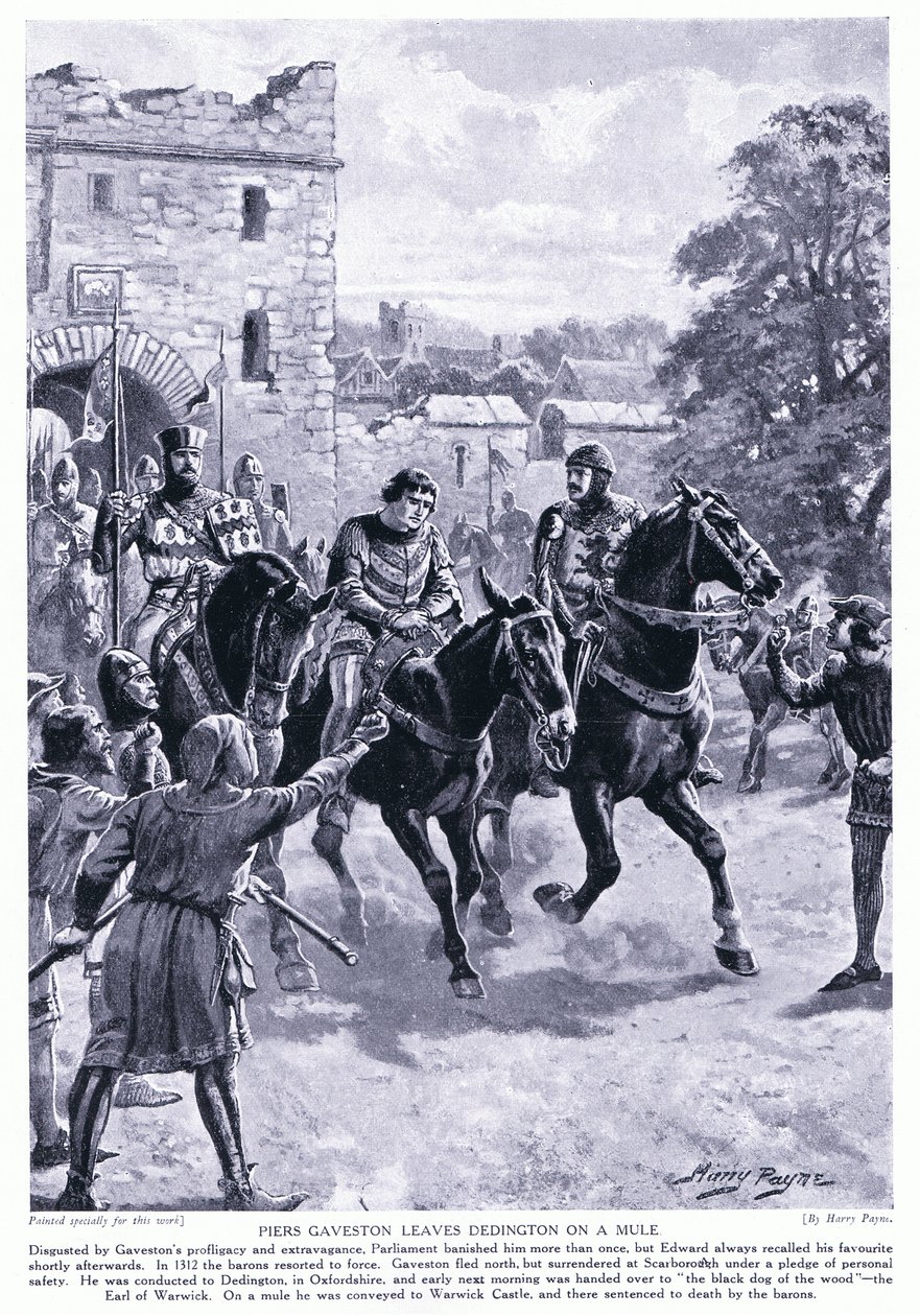 Piers Gaveston lähtee Dedingtonista muuliin AD1312, 1920-luvulla tekijältä Henry A. Payne