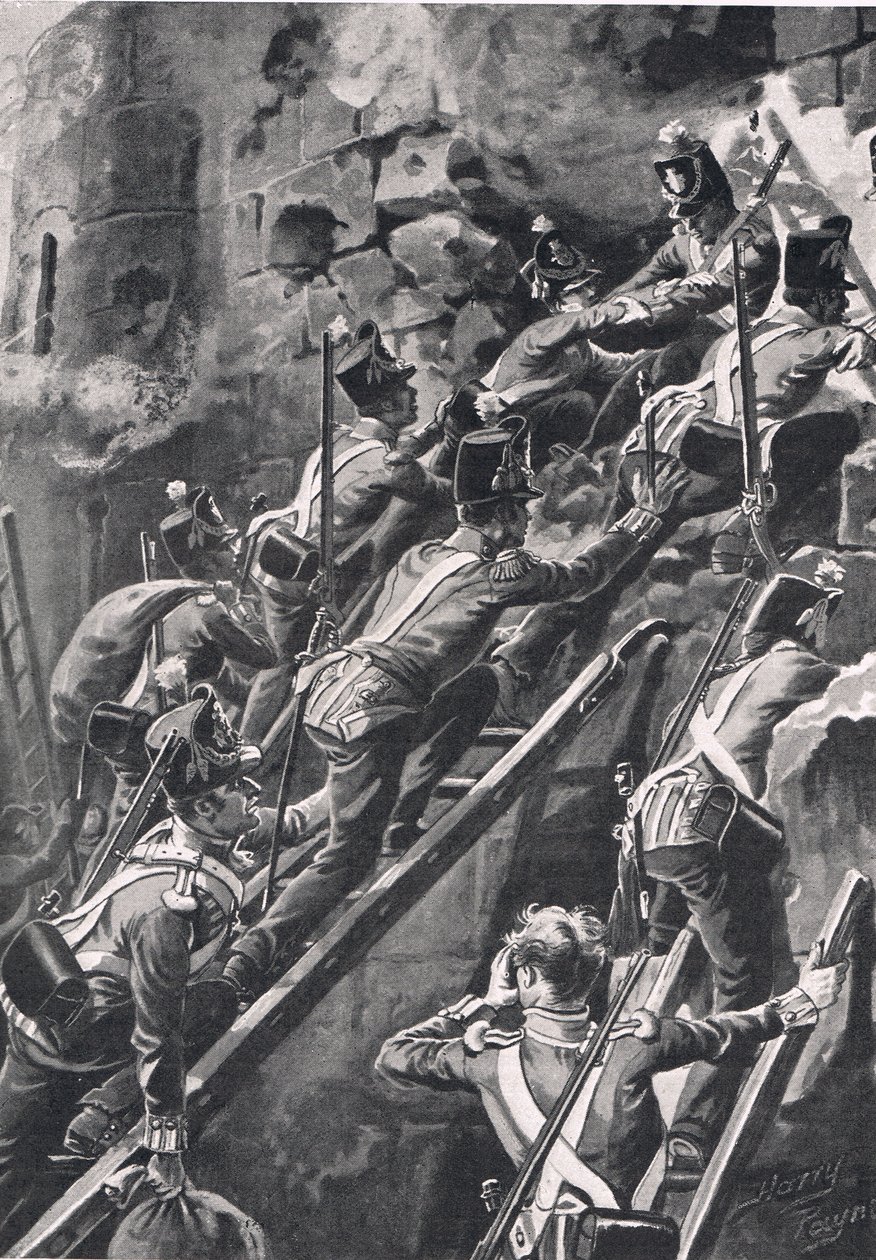 The Connaught Rangers at the Storming of Ciudad Rodrigo, 19. tammikuuta 1812, kuva "British Battles on Land and Sea" -julkaisusta, julkaisija Cassell, Lontoo, n. 1910 tekijältä Henry A. Payne