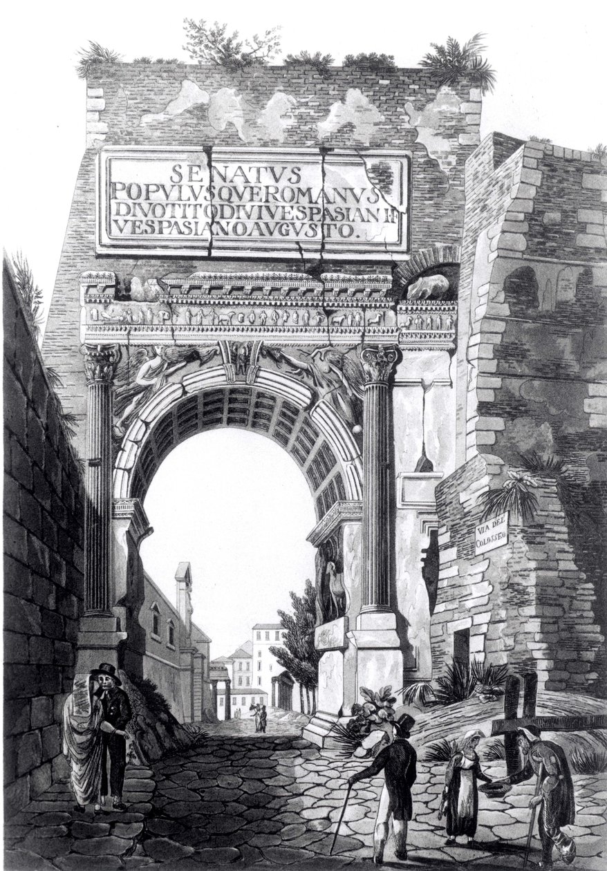 Tituksen kaari, julkaisusta "Antiquities of Rome: Sisältää 24 valittua näkymää sen pääraunioista vuonna 1818 tehdyistä piirustuksista", David Havellin akvatinta, julkaistu 1820 (akvatinta) (bw) tekijältä Henry Abbott