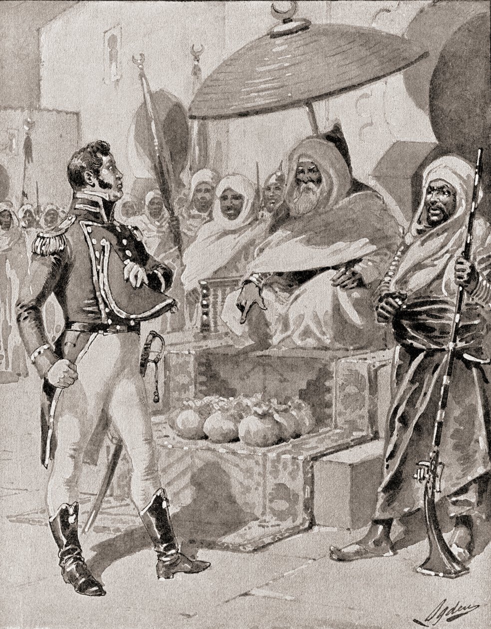 Kapteeni William Bainbridge osoittaa kunnioitusta Algerin deylle, jotta Yhdysvaltojen kauppa-alukset vapautetaan Välimerellä vuonna 1800 tapahtuneesta vangitsemisesta, The History of Our Country, julkaistu 19. tekijältä Henry Alexander Ogden
