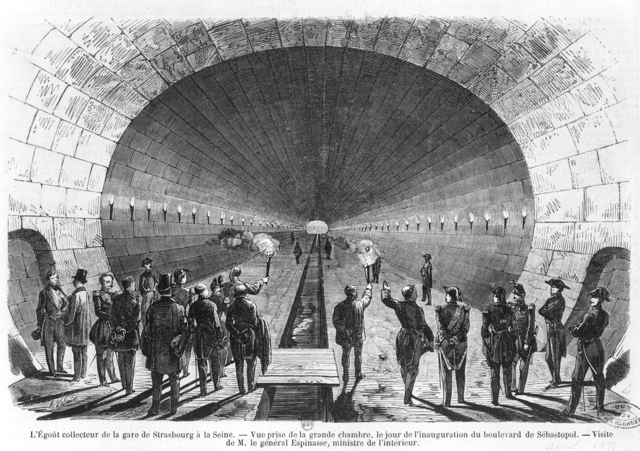 Pääviemäri Strasbourgin asemalta Seine-joelle. Sisäministerin kenraali Charles Marie Esprit Espinassen (1815-59) virallinen vierailu huhtikuussa 1858 tekijältä Henry Augustin Valentin