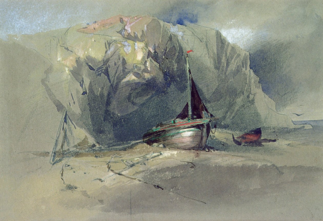 Kalastuslautta ja pieni vene rannalla kalliojyrkänteen alla, 1800-luku tekijältä Henry Bright