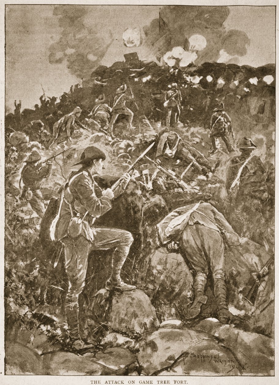 Hyökkäys riistapuulinnoitukseen, kuva julkaisusta "Battles of the Nineteenth Century, Vol. VI: Buurien sota 1899-1900, Archibald Forbes, G.A. Henty ja majuri Arthur Griffiths tekijältä Henry Charles Seppings Wright