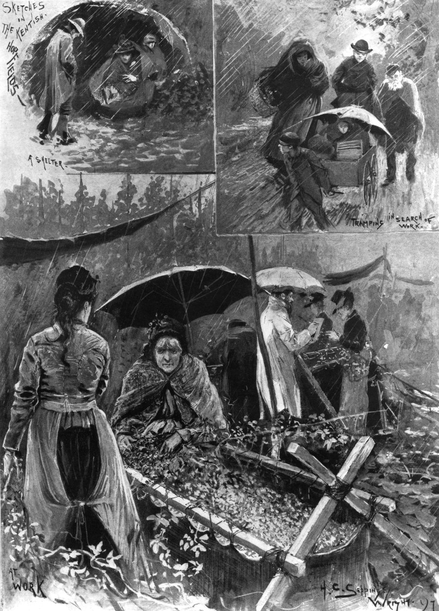 Kentin ahdistuneiden humalanpoimijoiden kanssa, The Illustrated London News, 11. syyskuuta 1897 tekijältä Henry Charles Seppings Wright