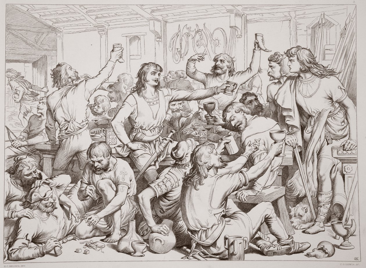 Hereward näkee Martin Lightfootin lähtevän kirjeen kanssa, kuvitus Charles Kingsleyn pubista Hereward the Great. 1870, kaiverrus C.G. Lewis (teräslevykaiverrus) tekijältä Henry Courtney Selous