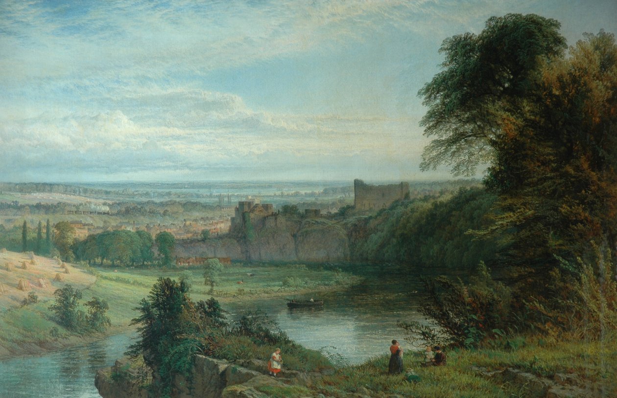 Maisema, jossa on linna ja joki sekä Chepstowin linna, 1862 tekijältä Henry Dawson