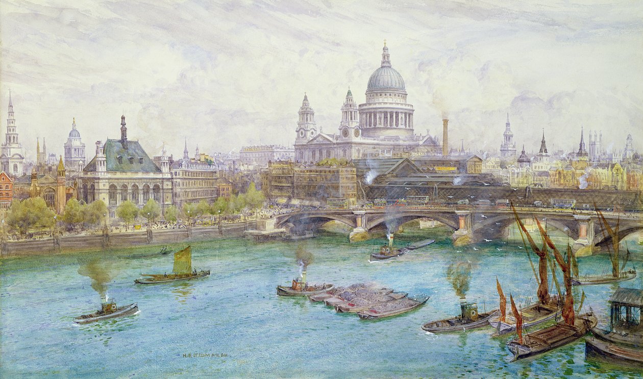 Näkymä etelästä St Paulin katedraalista, Blackfriars Bridgestä ja City of London Schoolista veneillä Thames-joella, n. 1921 tekijältä Henry Edward Tidmarsh