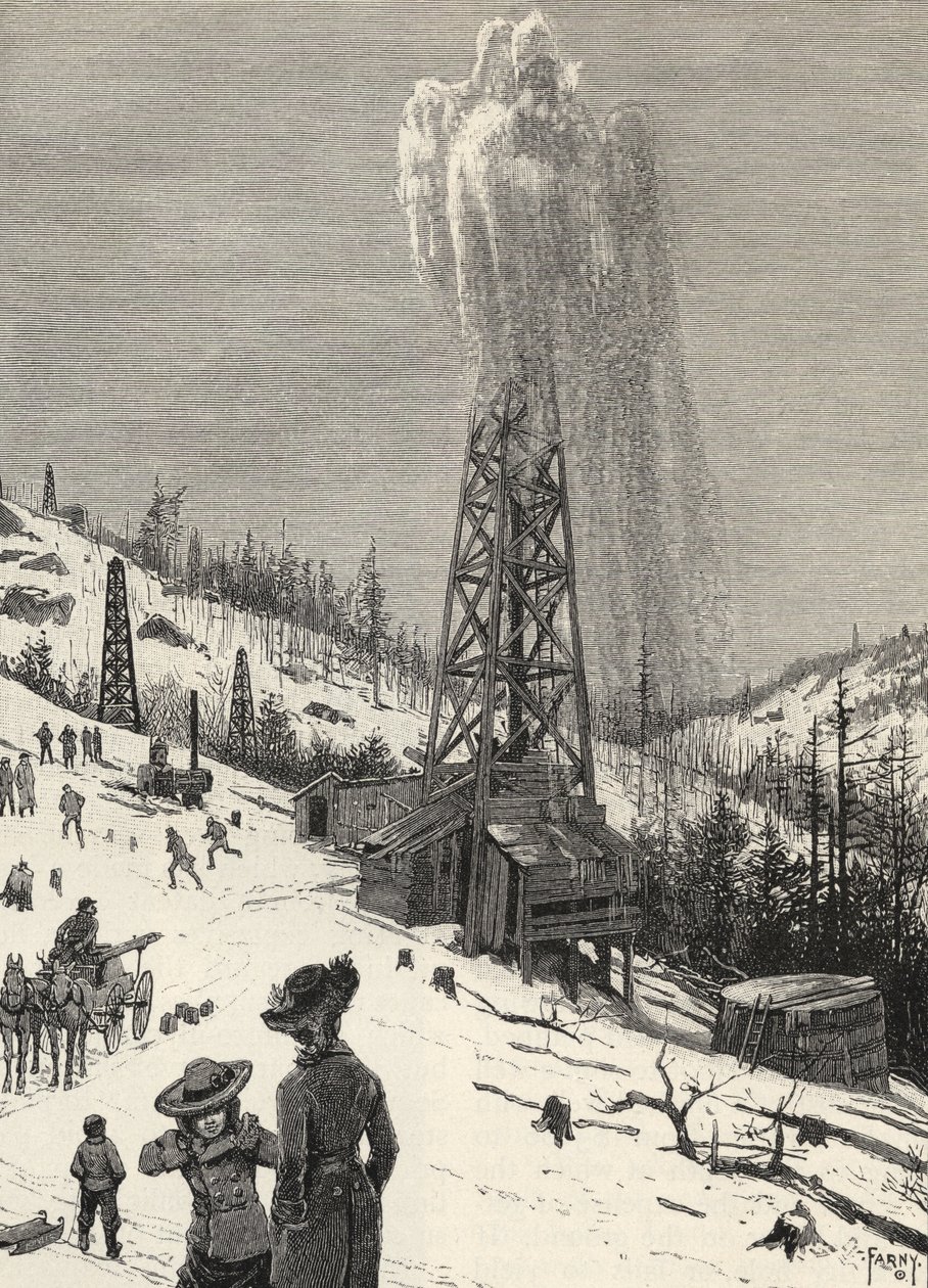Öljykaivon ampuminen, The Century Illustrated Monthly Magazine, toukokuusta lokakuuhun 1883 tekijältä Henry Francois Farny