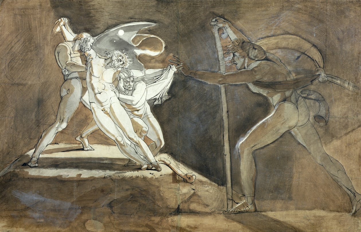 Edgar, Hulluuden teeskentely lähestyy kuningas Learia (recto) 1772 (kynä, muste ja seepiapesu lyijykynän jälkien päällä paperilla) tekijältä Johann Heinrich Füssli