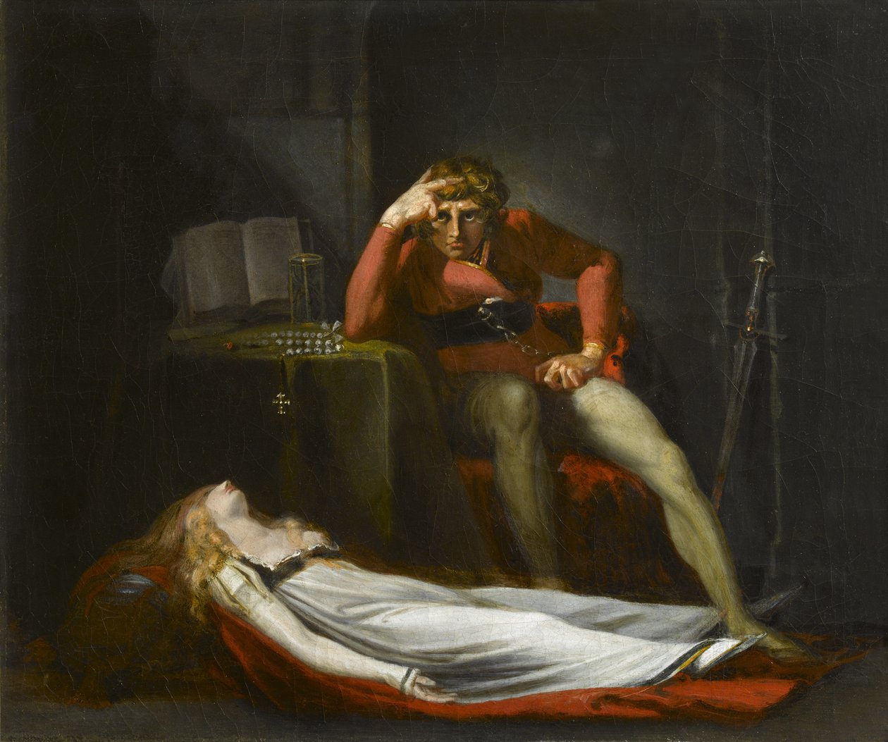 Italian hovi, tai Ezzelier, Ravennan kreivi pohtii Medunan ruumista, jonka hän surmasi uskottomuudesta hänen poissa ollessaan Pyhässä maassa, n. 1780 tekijältä Johann Heinrich Füssli