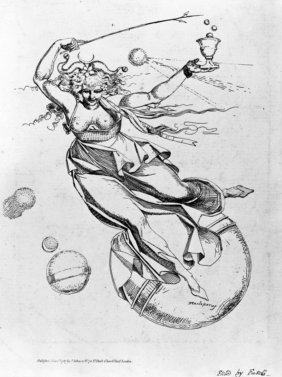 Mighty Mother purjehtii ilmassa, Theophilus Swiftin "The Temple of Folly" -elokuva, 1787 tekijältä Johann Heinrich Füssli
