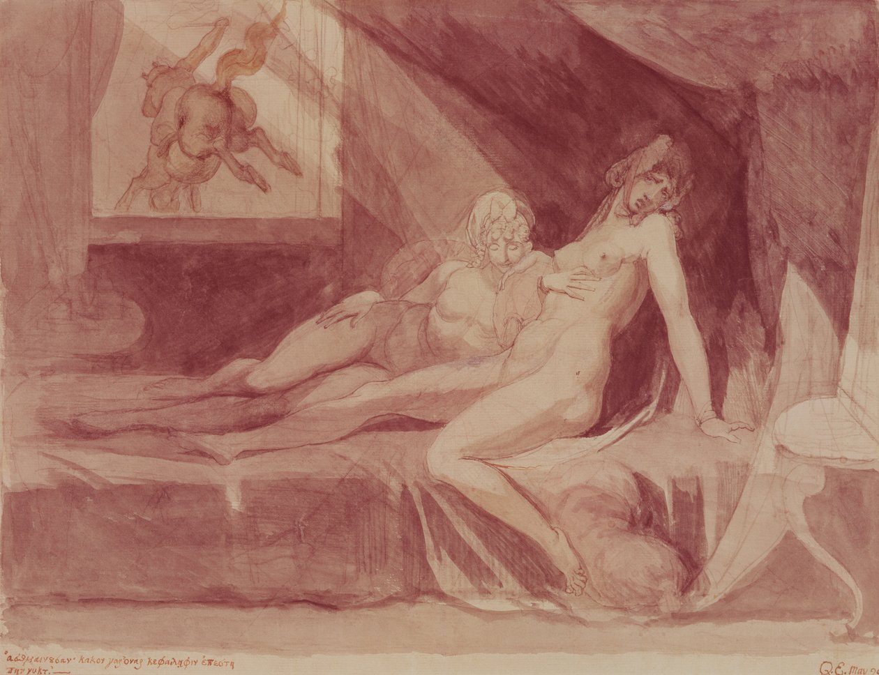 Painajainen jättää kaksi nukkuvaa naista, 1810 (grafiitti ja wc paperilla) tekijältä Johann Heinrich Füssli
