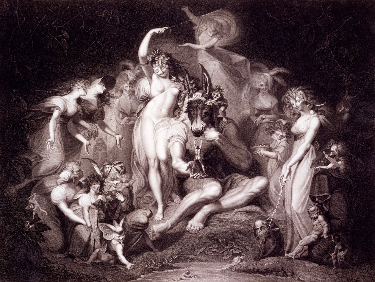 Titania, Bottom and the Fairies, 4. näytös, Kesäyön unen kohtaus 1, John und Josiah Boydellin Shakespearesta, julkaistu 1803-05 tekijältä Johann Heinrich Füssli
